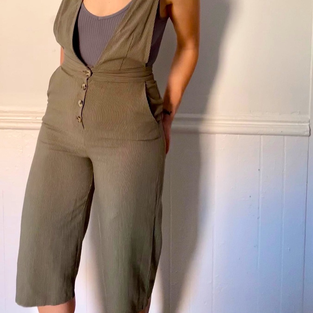 NWT olive pinstriped ankle length romper